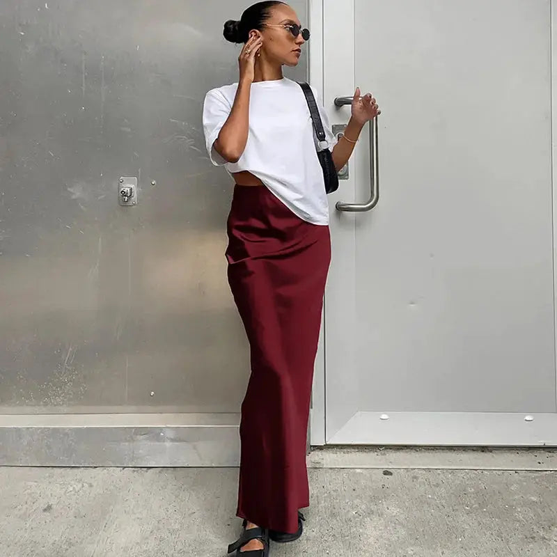 Satin burgundy trumpet skirt, high-waisted, long women’s office skirt.