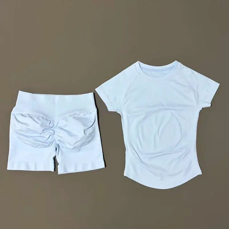 Histello 2 Piece Seamless Yoga Set Women Short Sleeve Top Leggings