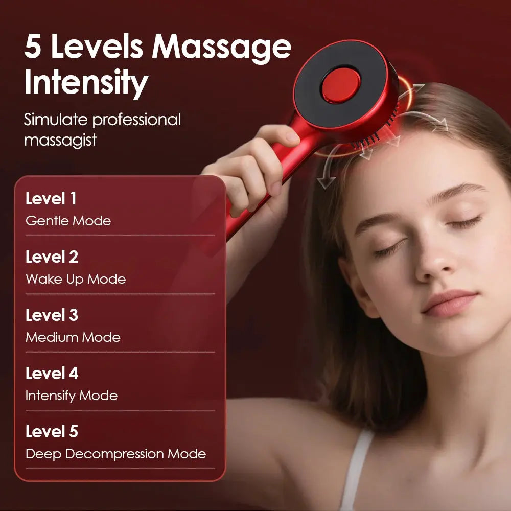Electric head massager, red handheld scalp massager with 5 intensity levels