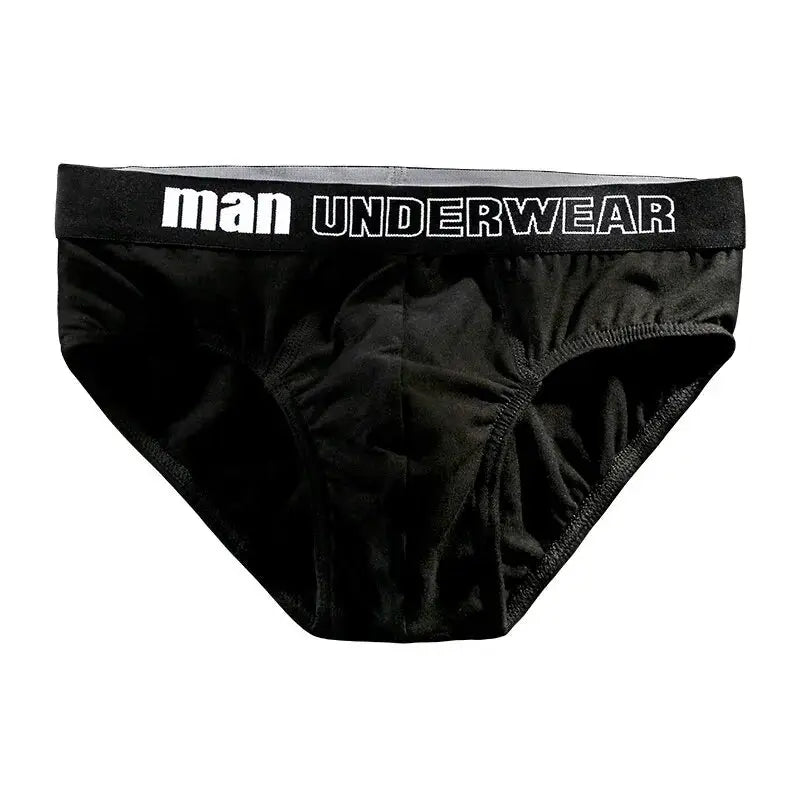 Black cotton men's briefs with waistband reading man underwear, breathable fabric, size M/L