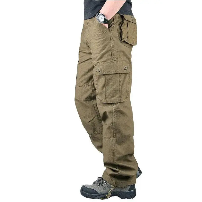 Simples Market men's olive cotton tactical cargo pants with large cargo pockets for outdoor hiking