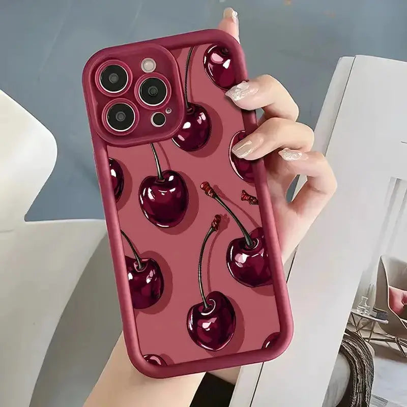 CherryLux Wine Red Cherry Print Iphone Case Soft TPU Shock Absorption For Durable Protection