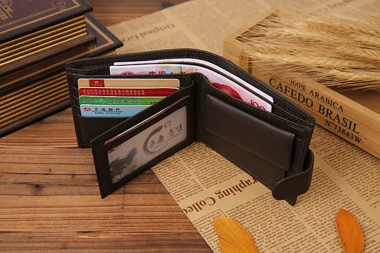 Men's black cowhide leather wallet with card slots and cash compartments