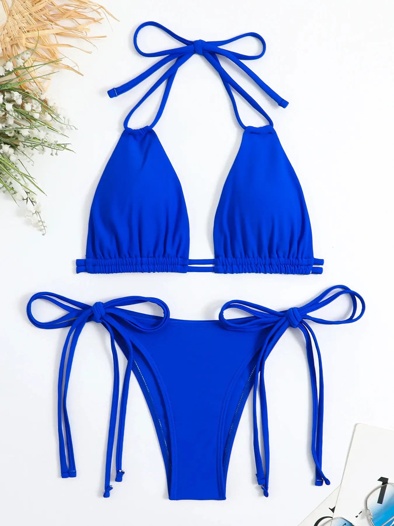 Blue solid bandage bikini two-piece swimsuit with halter top and string ties, Simples Market