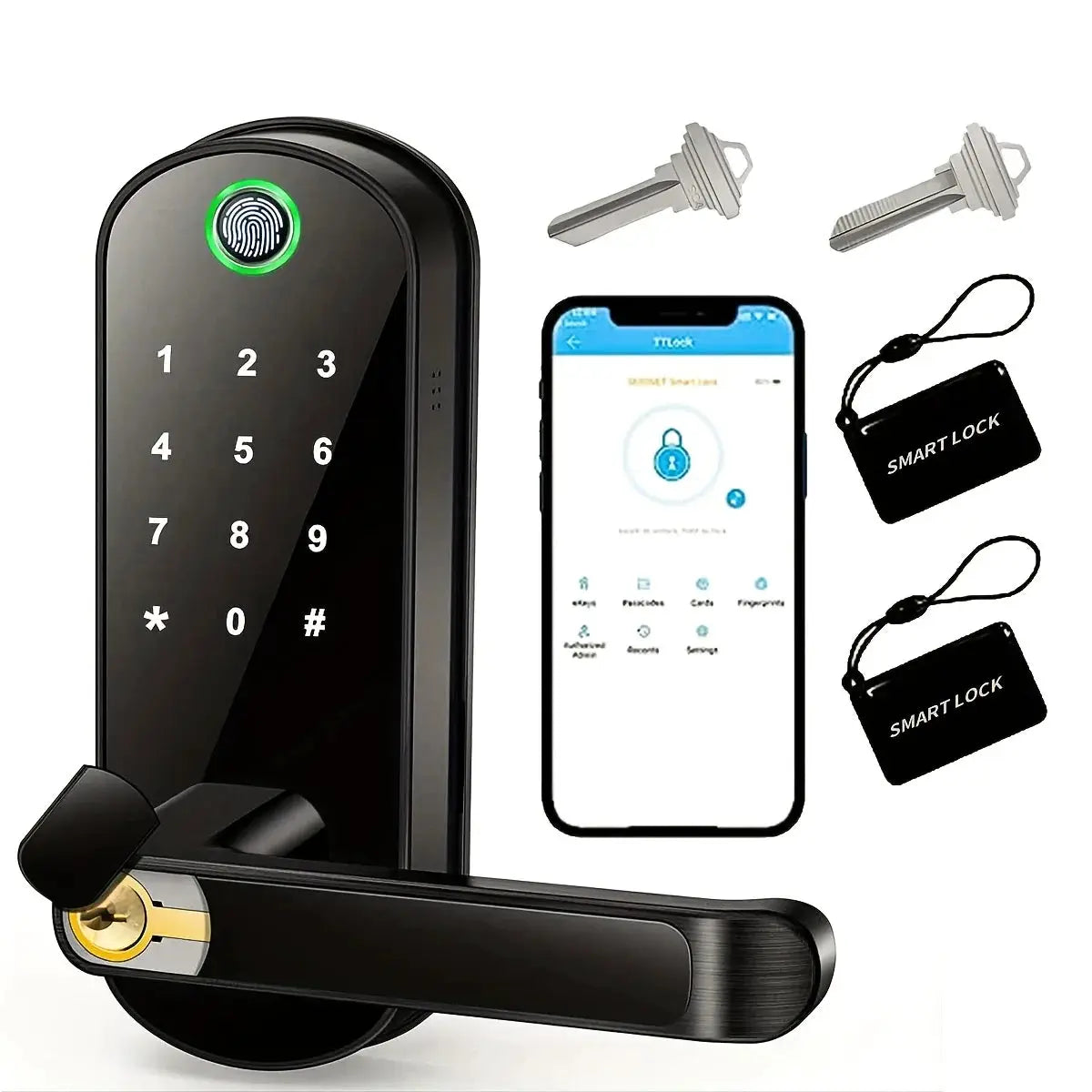 Smart Fingerprint Door Lock With App Control, Keyless Entry, WiFi, NFC, Touchscreen, IP67 Waterproof, 2 IC Cards