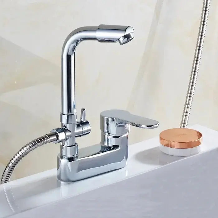 Chrome basin shower faucet with flexible hose and single-handle deck-mounted mixer