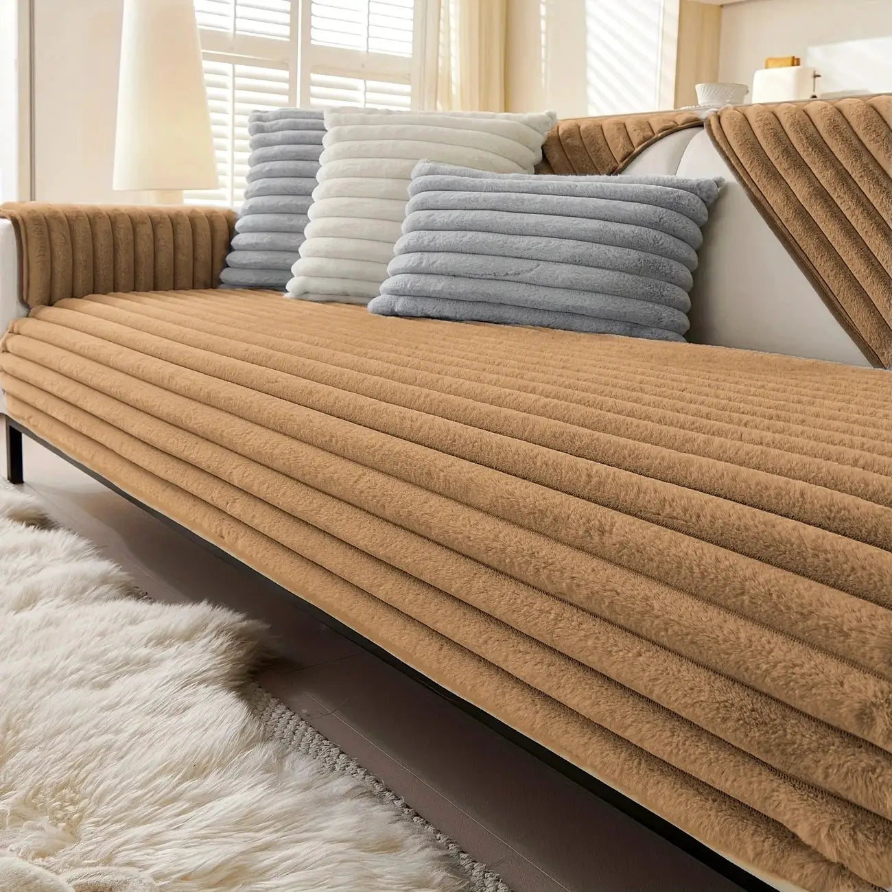 Thick plush stripe faux rabbit fur sofa cover in tan with non-slip grip for winter living room decor, Simples Market