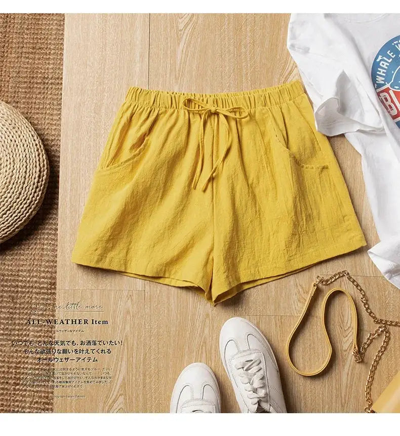 Women's yellow linen shorts with drawstring waist, high-waisted casual wear