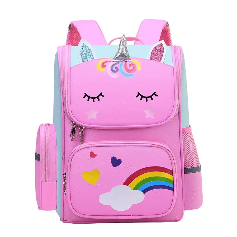 Children's unicorn backpack by Simples Market; pink with rainbow, clouds and light blue panels