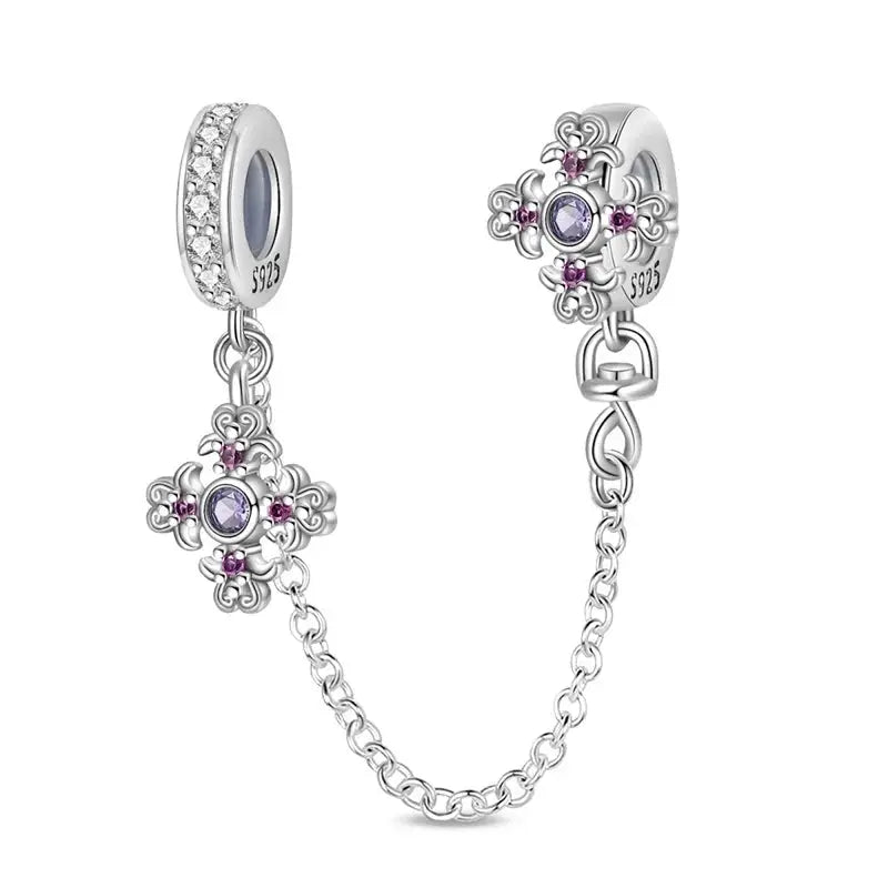 Silver plated guardian angel heart charm beads pair with purple zircon accents on a chain for Qikaola 925 bracelets