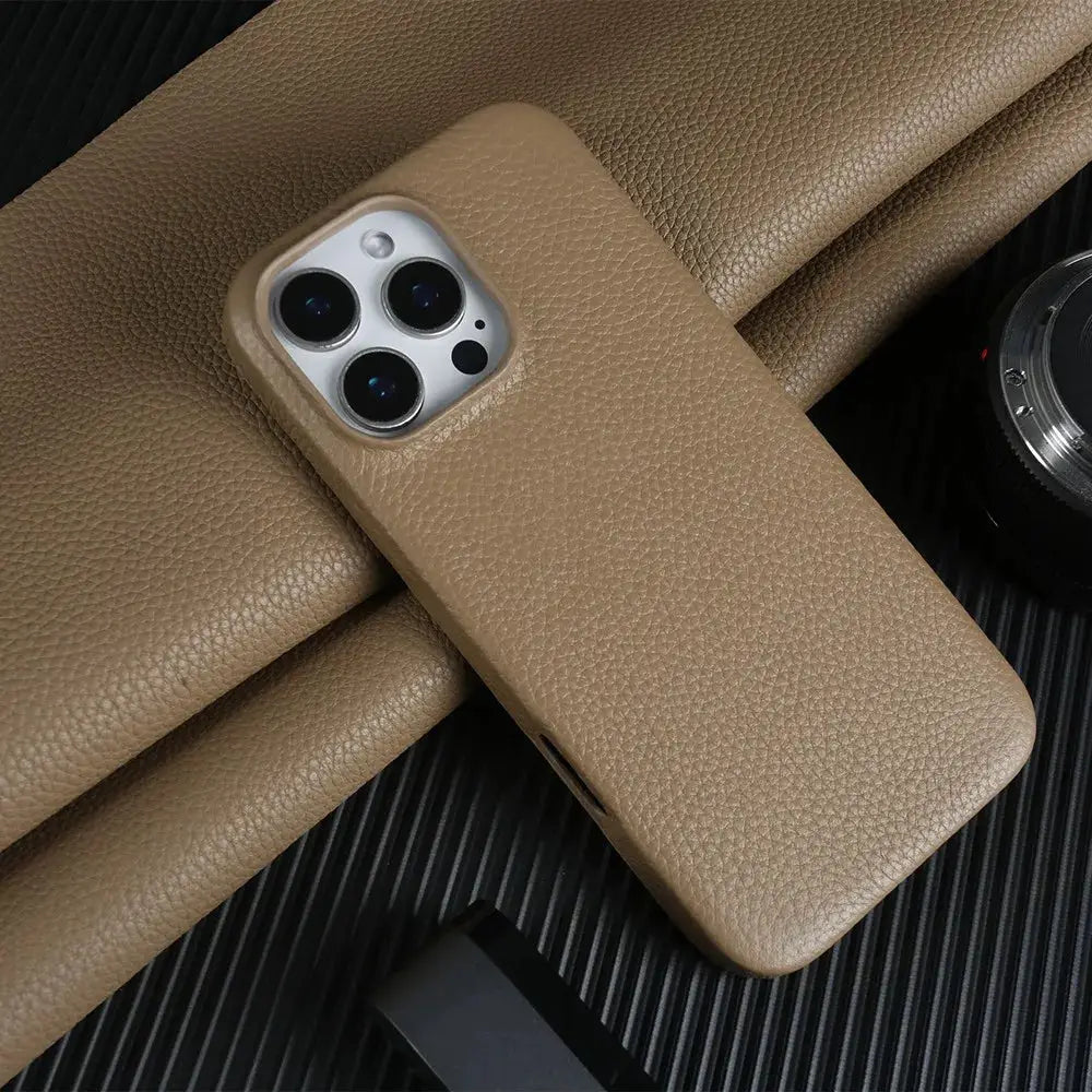 Tan genuine leather MagSafe case for iPhone Pro Max models (11–16), full-wrap back cover