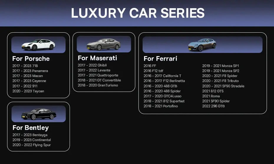 Baseus Wireless CarPlay Adapter banner showing Luxury Car Series with Porsche, Maserati, Ferrari and Bentley panels.