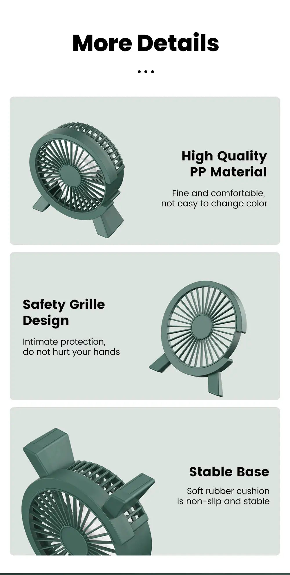 Green mini USB rechargeable portable desk fan with safety grille and stable base