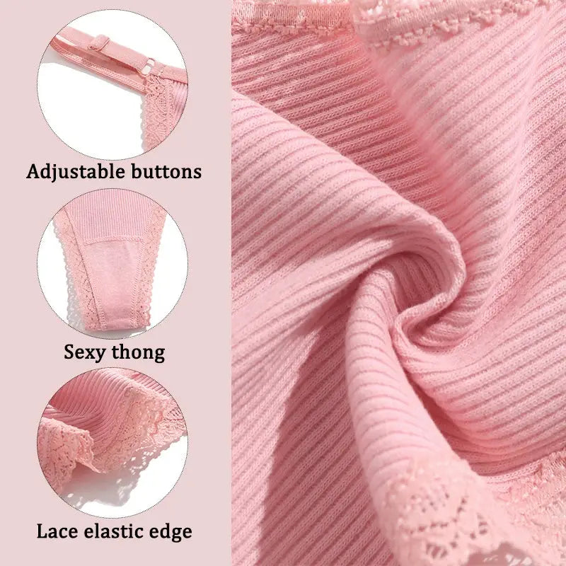 Pink cotton thong set, 5pc, with adjustable waist and lace-edge underwear by Simples Market