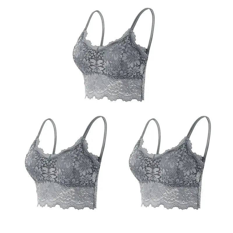 3-pack gray lace bralettes with floral pattern, wireless, scalloped hem and adjustable straps