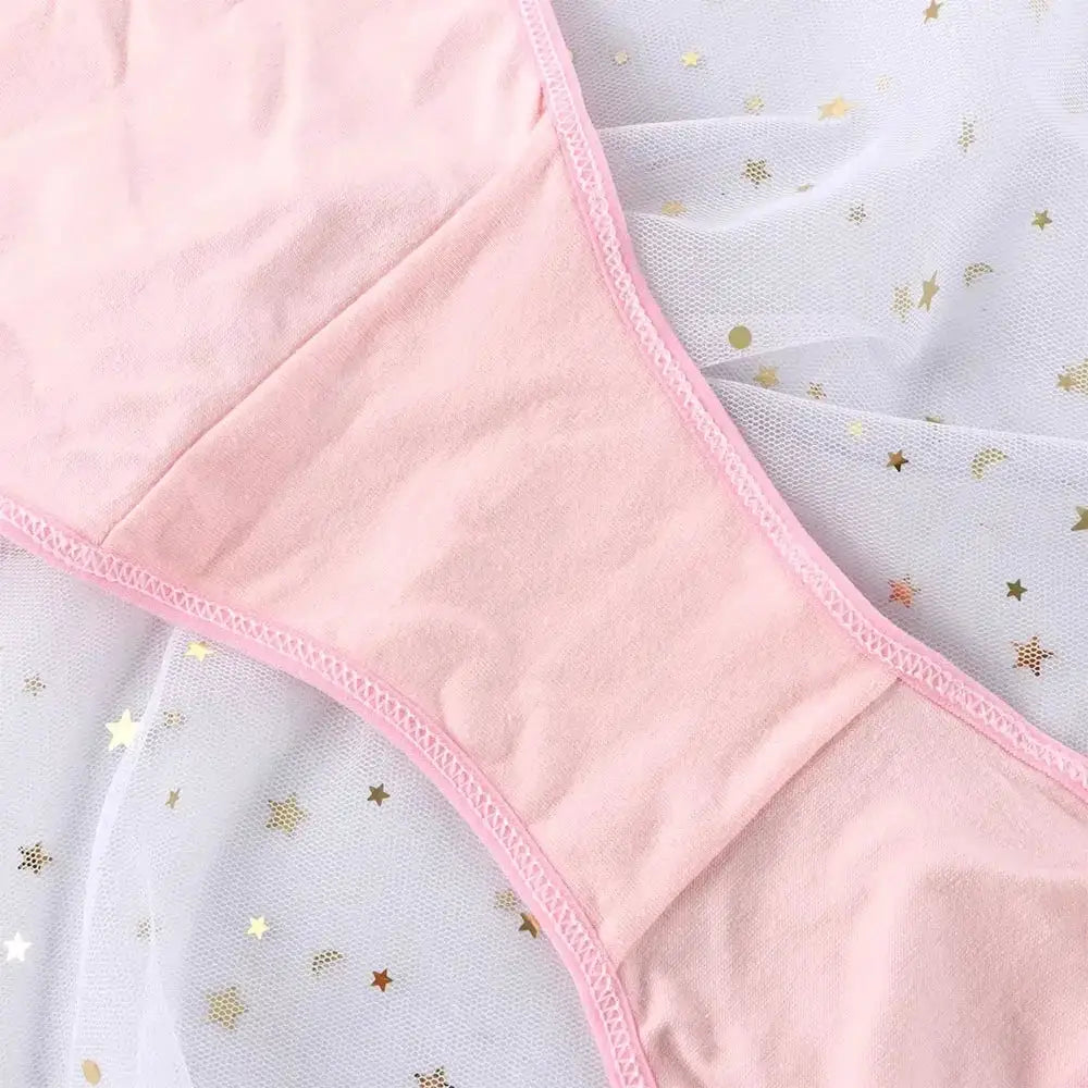 Pink low-waist panties with stitched edges, soft fabric lingerie briefs for women.