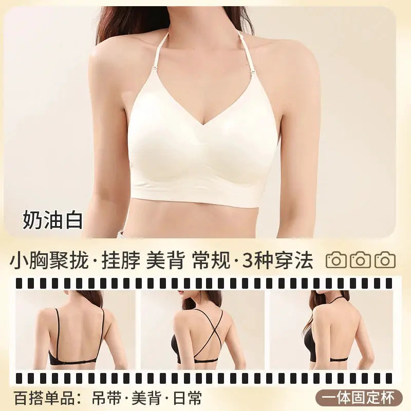 Simples Market white seamless halter bralette with cross-back straps, wireless