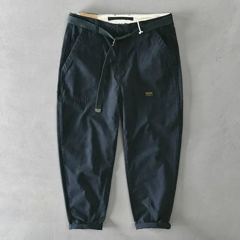 Simples Market men's cargo pants, navy pure cotton, mid-waist slim-fit joggers with belt