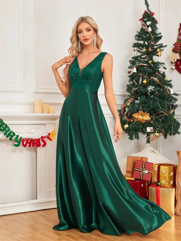 Emerald Green Sequin Evening Dress V Neck Satin Prom Floor Length