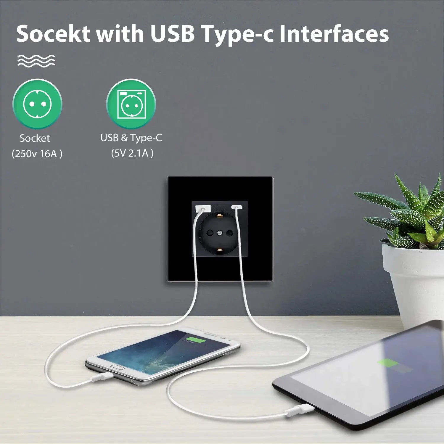 Wall socket with USB Type-C port on a glass panel, EU standard 16A, Simples Market