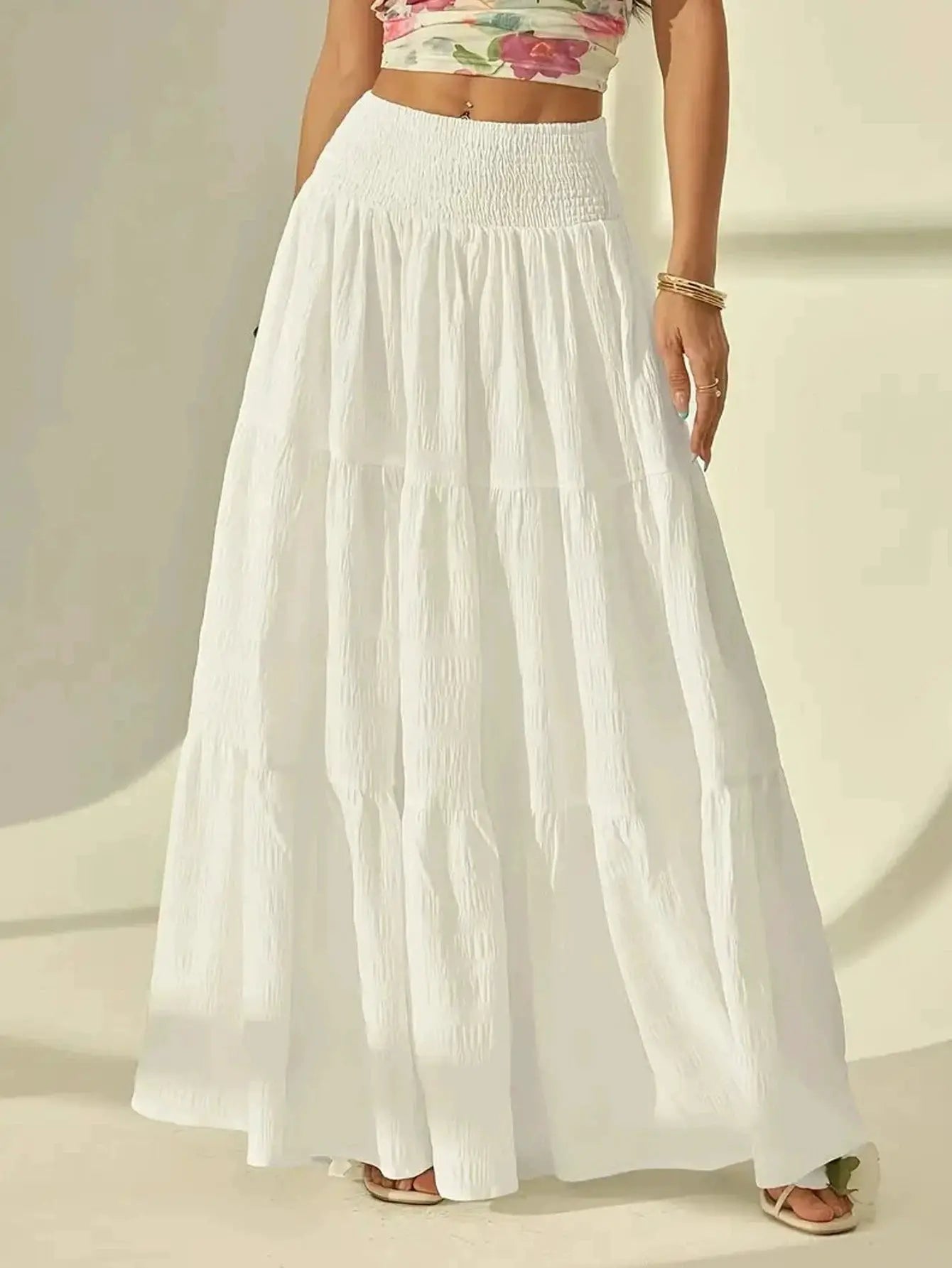 Summer women's white tiered maxi skirt with high-waisted elastic waist and pleated flowy design