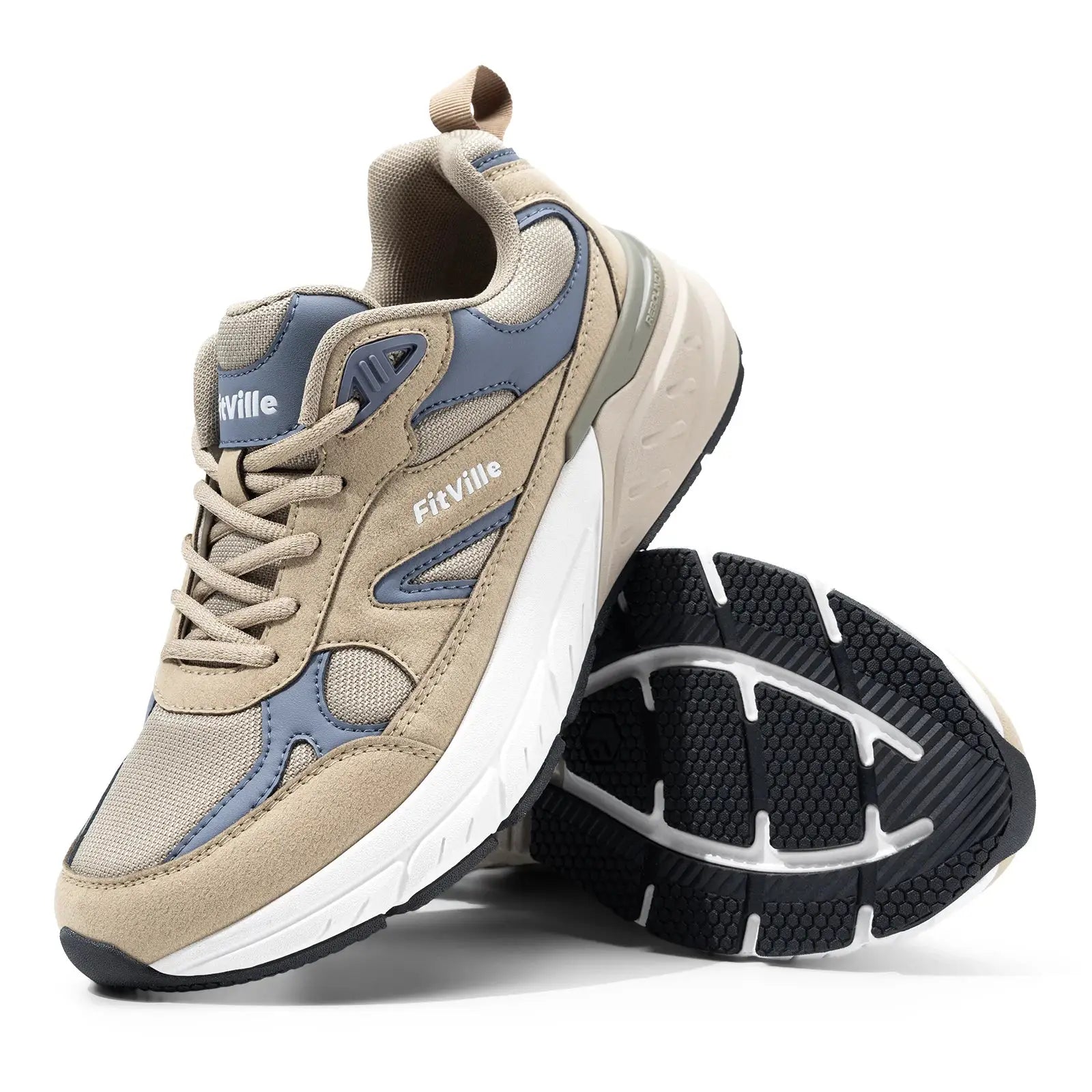 FitVille men's walking sneakers; tan and blue mesh-suede upper, wide width pair, white midsole.