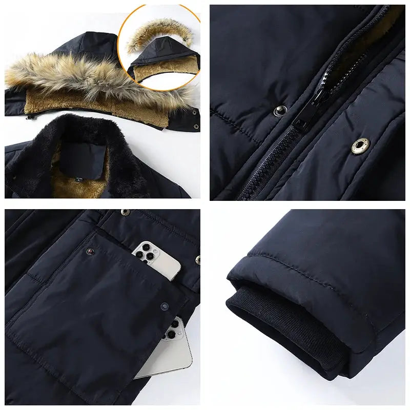 Men's winter parka jacket by Simples Market, navy windproof fleece coat with fur-trimmed hood
