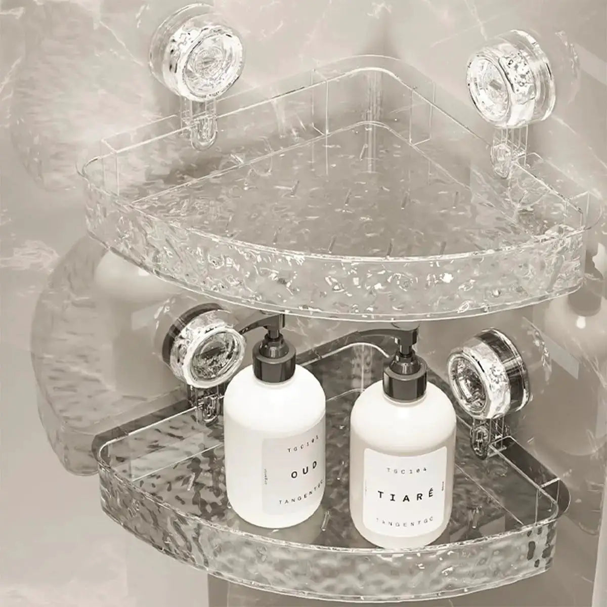 Simples Market suction cup bathroom shelf, clear acrylic two-tier with glacier pattern; holds two bottles, no-drill
