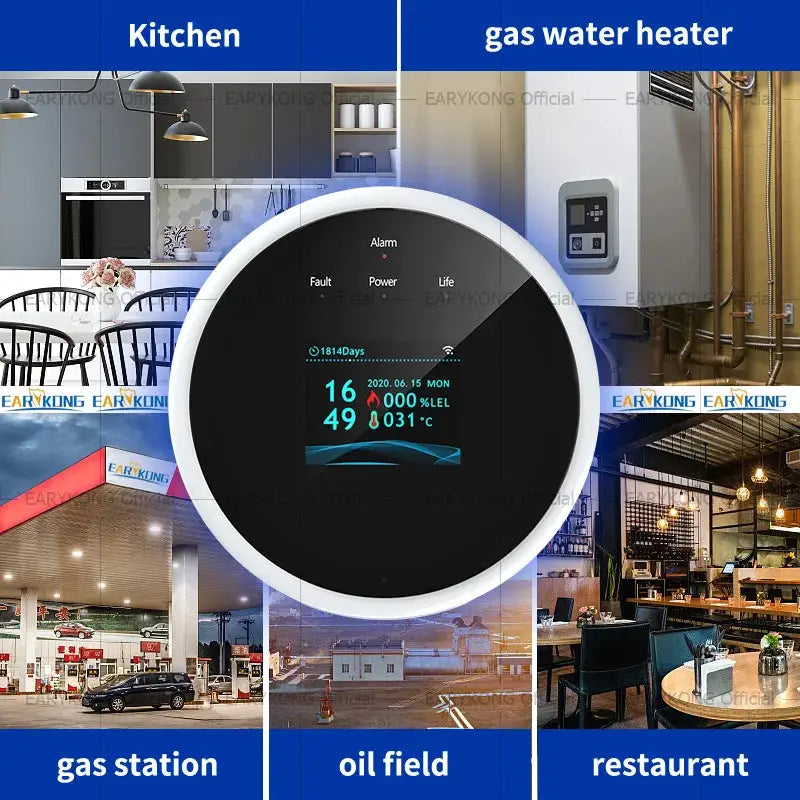 Tuya WiFi gas detector with LED display, white rim and black screen for LPG/natural gas leak detection