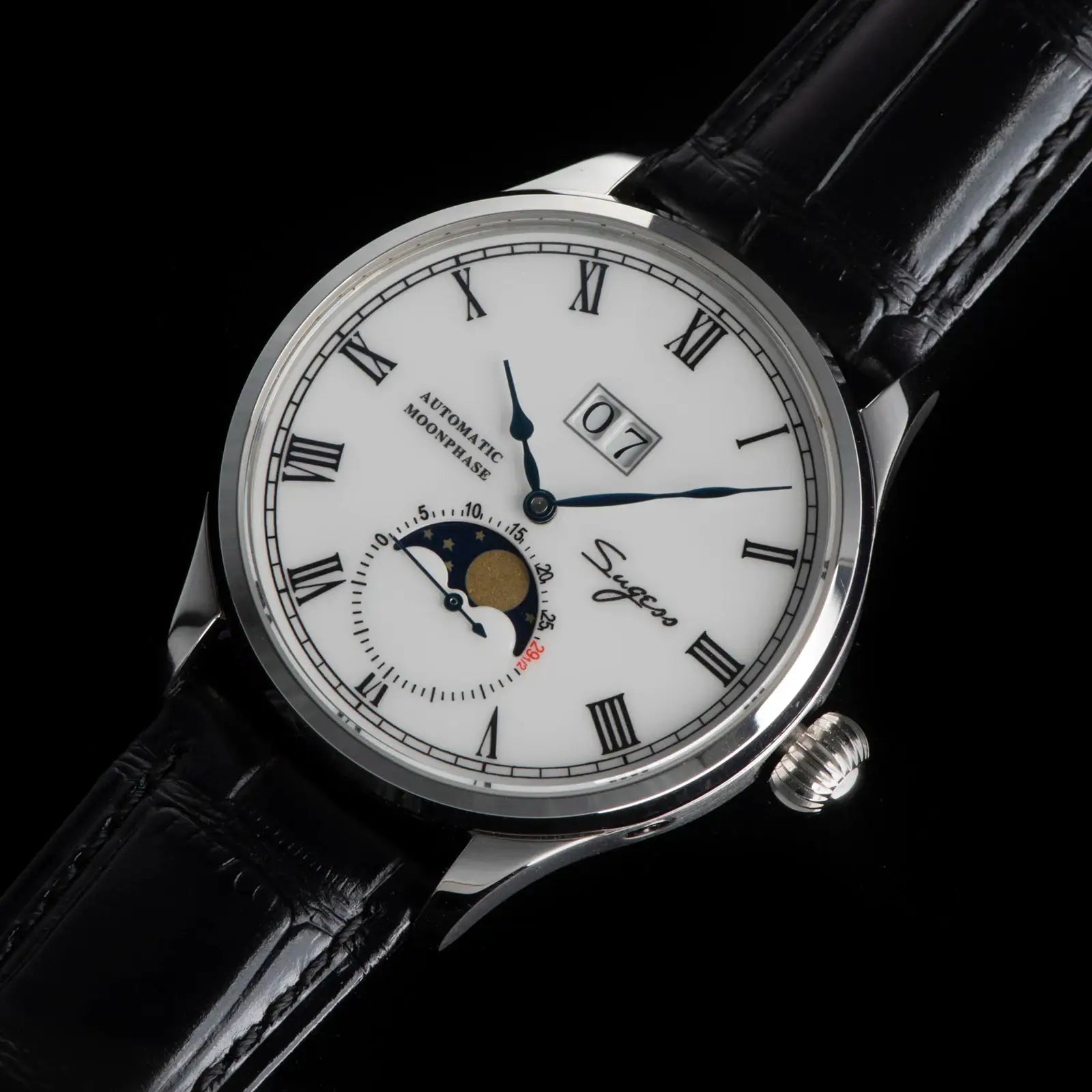 Sugess Tianjin ST25 automatic moonphase watch with white dial, Roman numerals, blue hands, black leather strap