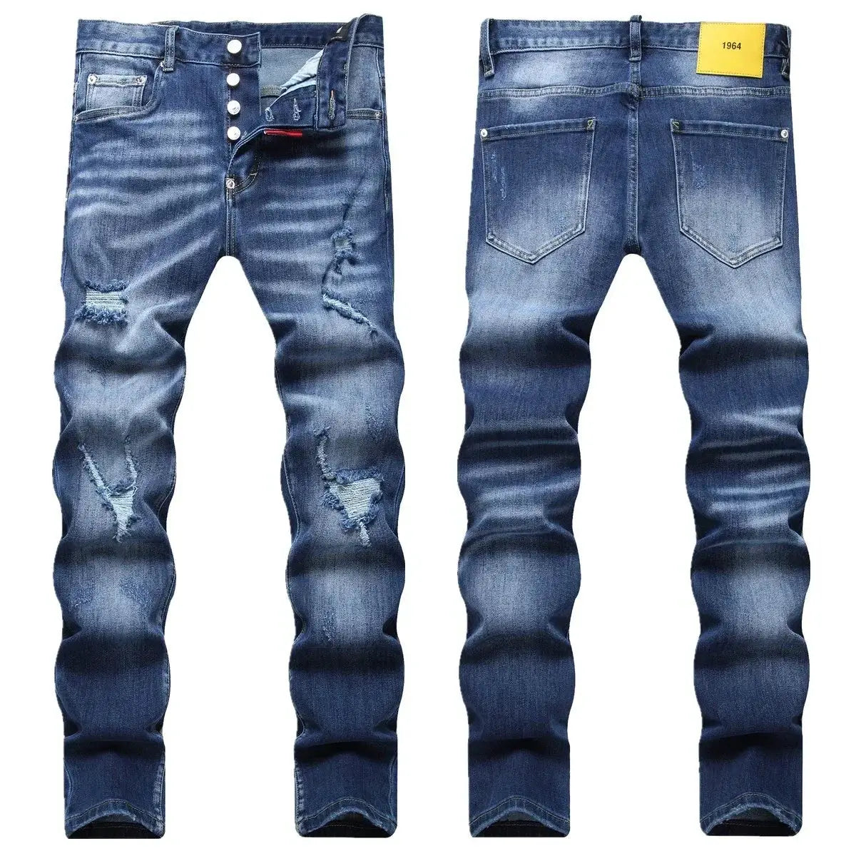 Men's light blue ripped jeans with distressed patches, front and back views, slim stretch denim.