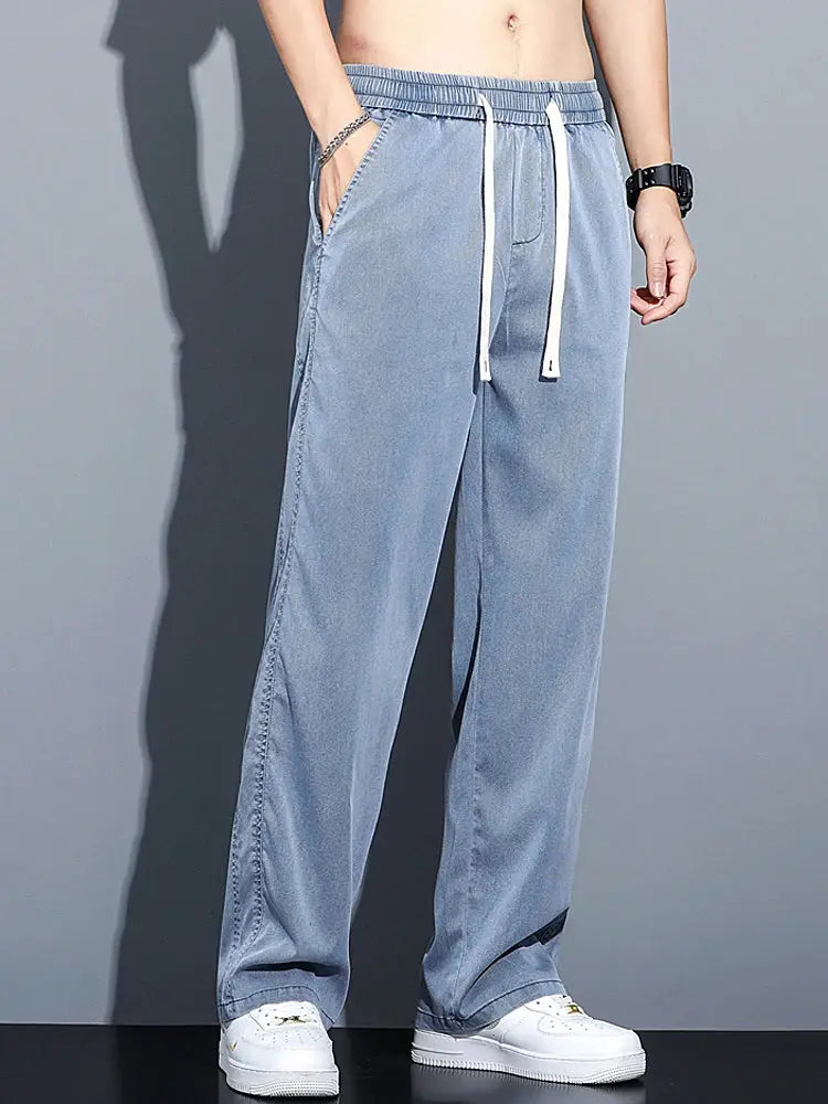 Men's light blue lyocell casual trousers with drawstring waist, loose straight fit, Simples Market M-5XL