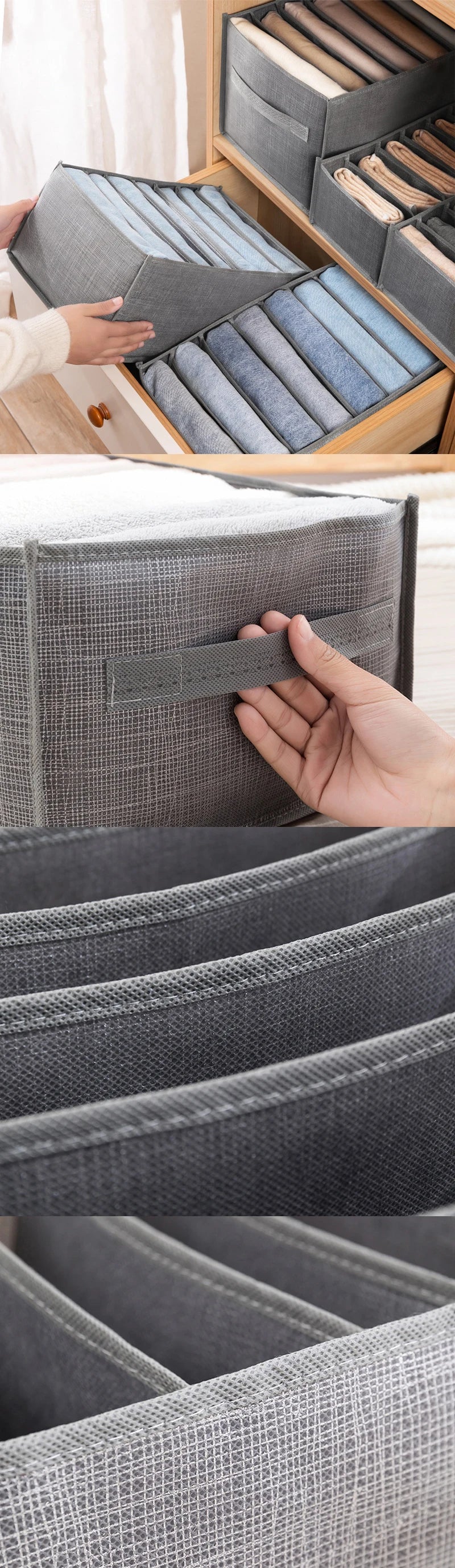 Gray fabric storage boxes for jeans and clothes; wardrobe organizer with multiple pullout bins and dividers