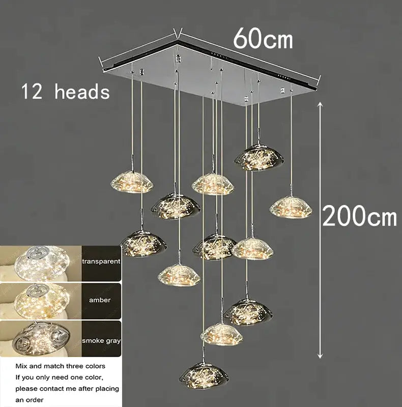 Simples Market 12-head modern pendant chandelier with glass domes in transparent/amber/smoke gray, 60cm wide and 200cm drop.
