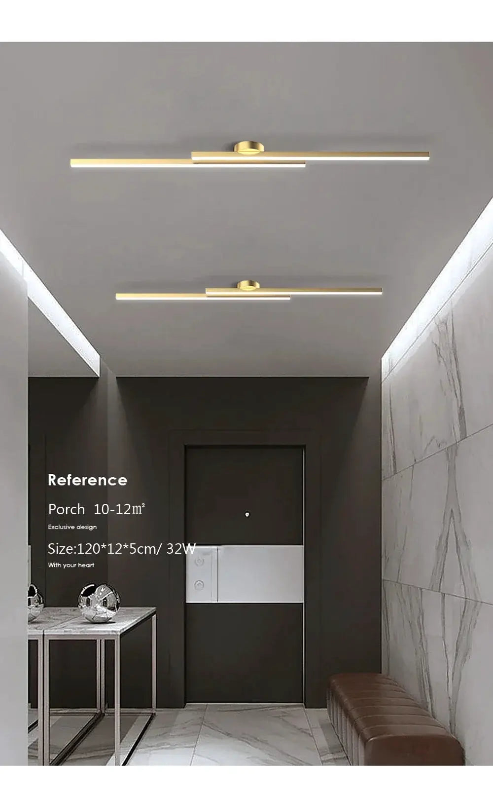 Modern LED ceiling light with gold finish, two long 60/80cm bars, ceiling-mounted for hallway or living spaces