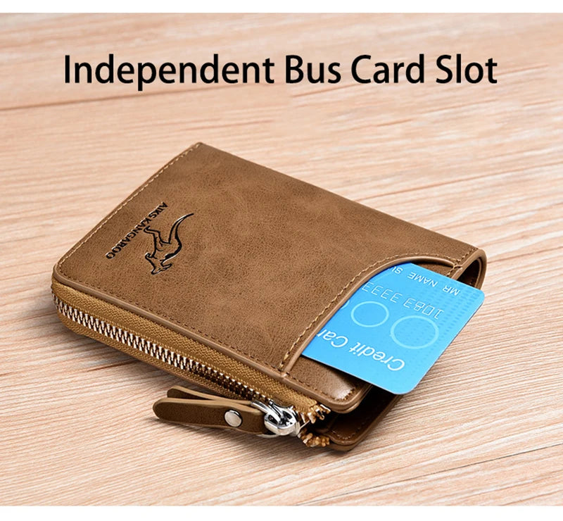 Simples Market brown leather men's wallet with zipper and external card slot.