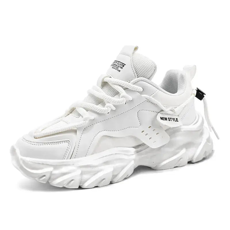 Men's white sneakers with thick chunky sole and breathable mesh upper