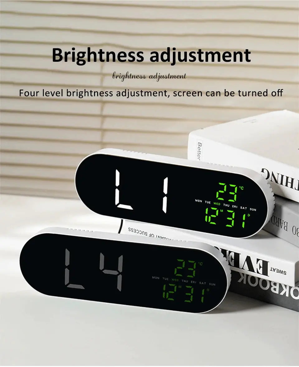 Two Simples Market digital LED wall clocks with black fronts; green time, date, weekday and temperature displays.
