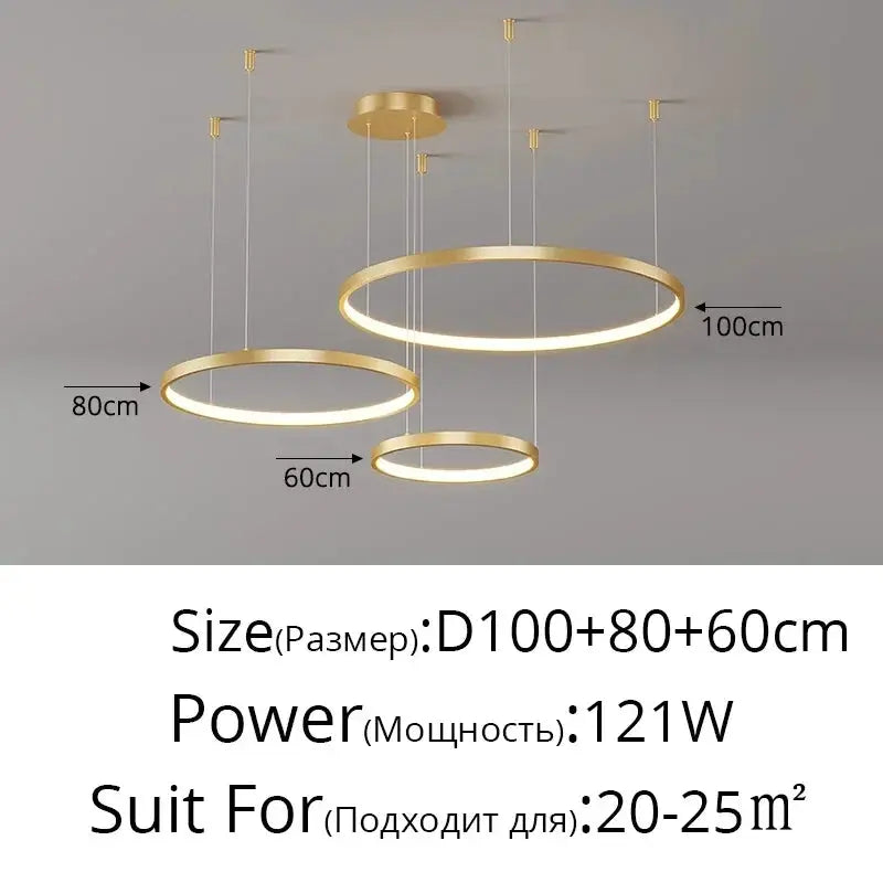 Minimalist LED ring pendant lights; three gold rings in 60/80/100 cm sizes for living room or restaurant