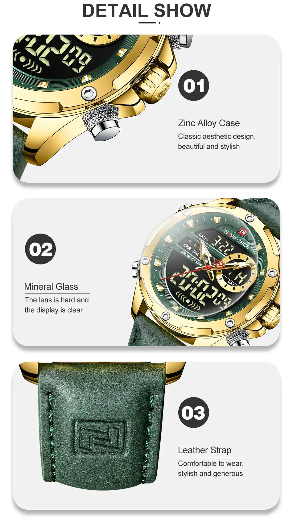 NAVIFORCE men's watch with gold zinc-alloy case, green leather strap, analog-digital chronograph dial