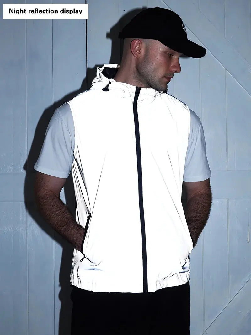 Night reflective vest, white hooded sleeveless jacket for men's outdoor wear