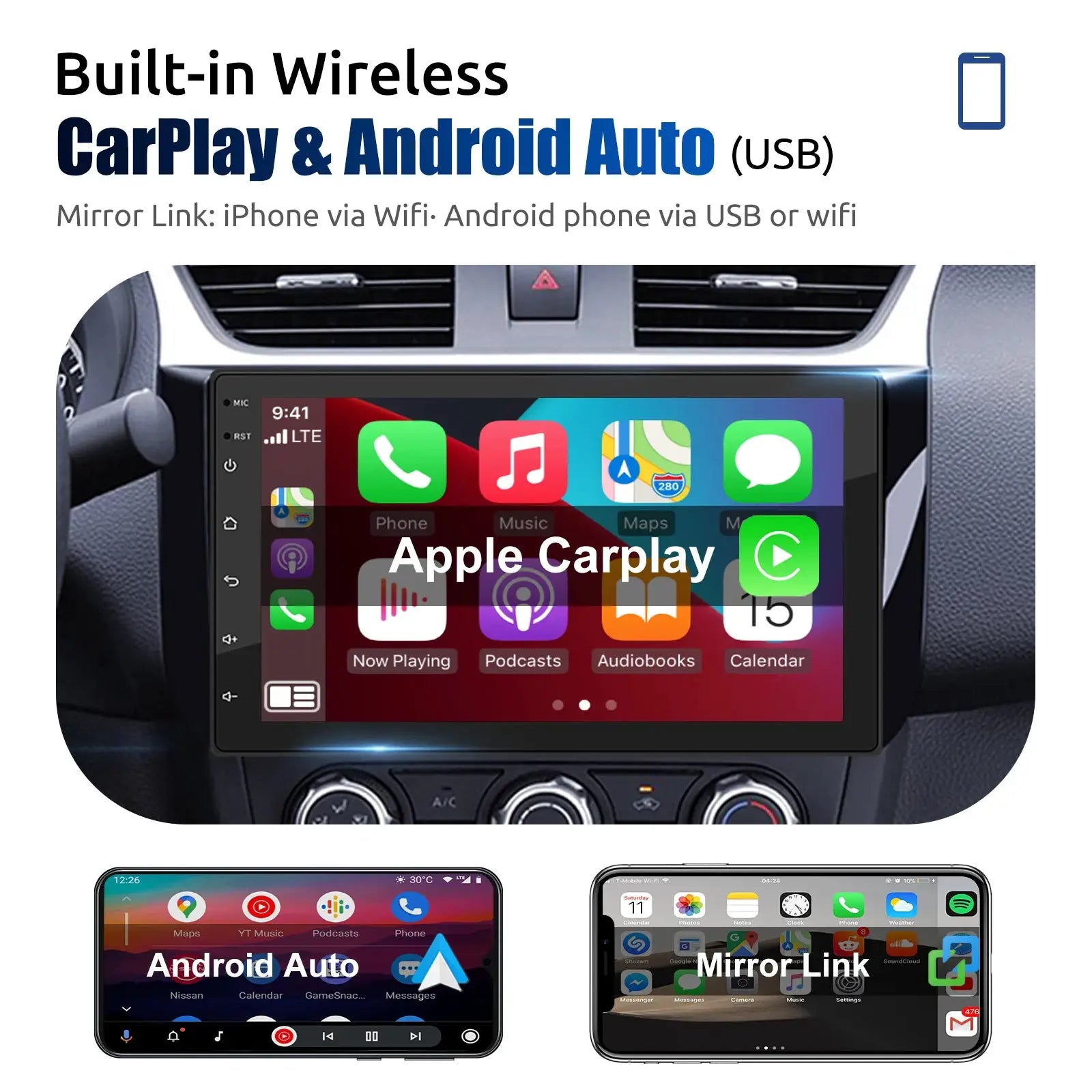 ESSGOO 2-DIN Android car stereo with CarPlay & Android Auto, touchscreen, 4+64GB storage