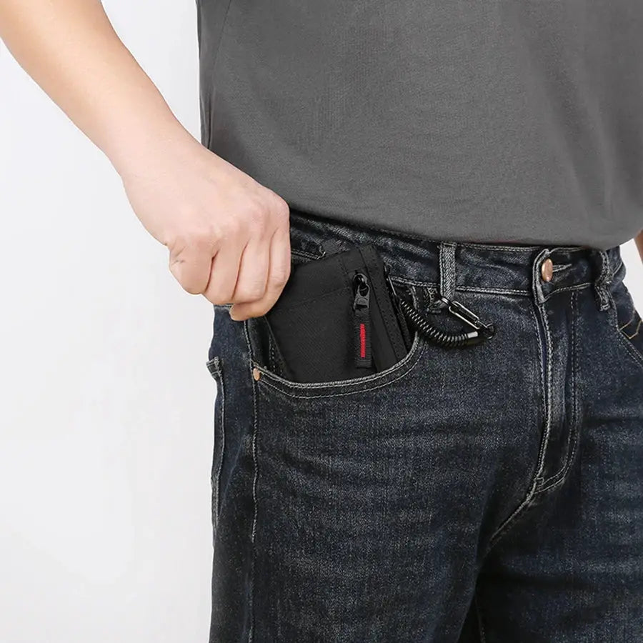 Simples Market black nylon credit card holder wallet with zipper and carabiner; compact men's tactical purse.