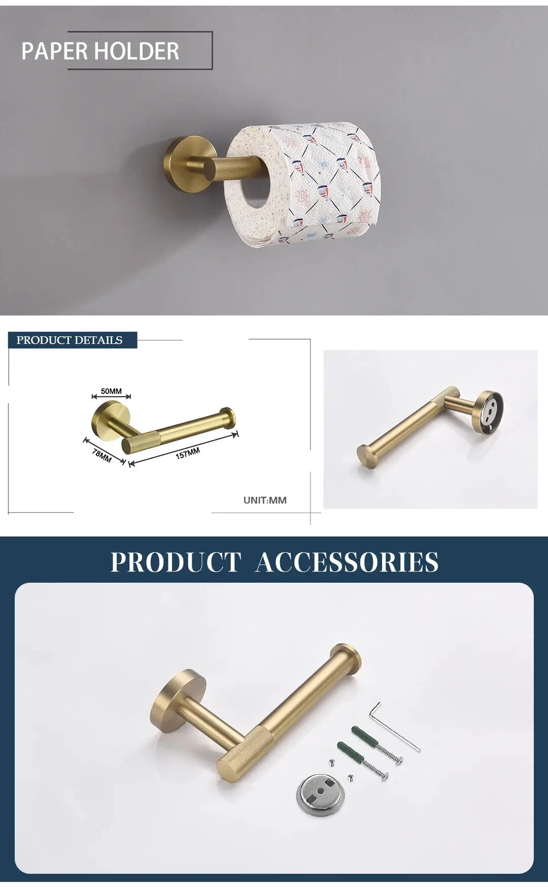 Simples Market paper holder in brushed gold knurled brass finish, wall-mounted bathroom hardware.