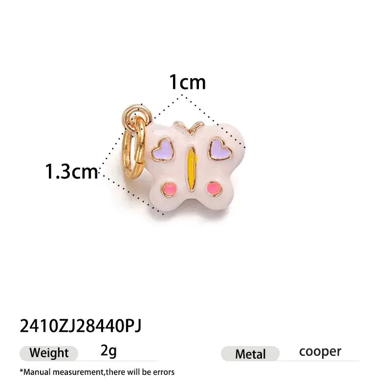 Cartoon animal pendant single hoop butterfly earring, white enamel with gold outline and pink accents, Simples Market