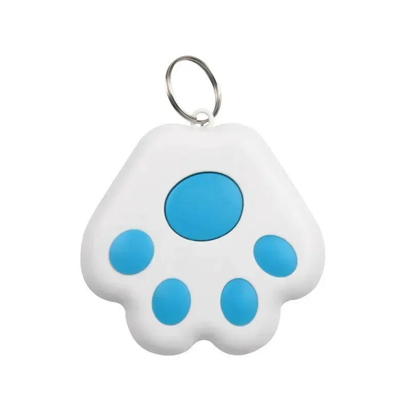 Mini paw-shaped white anti-lost GPS pet tracker with blue dots and keyring
