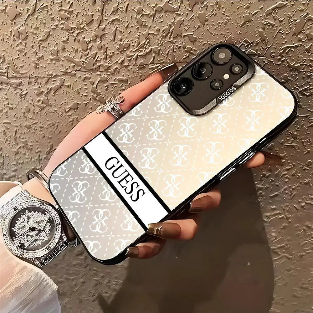 GUESS phone case for Samsung Galaxy in colorful silver with repeating logo monogram and GUESS stripe.