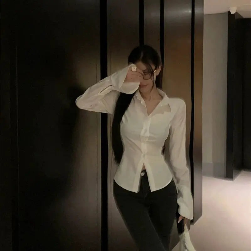 Gidyq fashion women's white bandage shirt, slim blouse with bell sleeves for casual streetwear