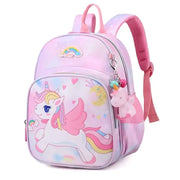 Unicorn backpack for girls by Simples Market, pink-purple cartoon design with rainbow accents and front pocket