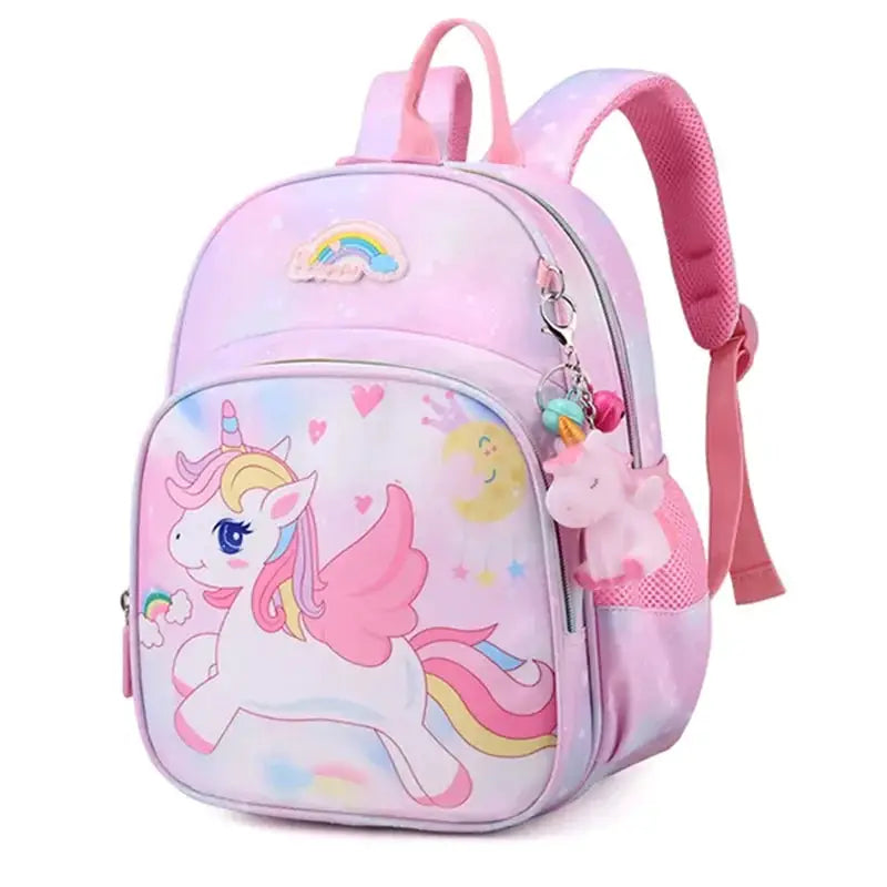 Unicorn backpack for girls by Simples Market, pink-purple cartoon design with rainbow accents and front pocket